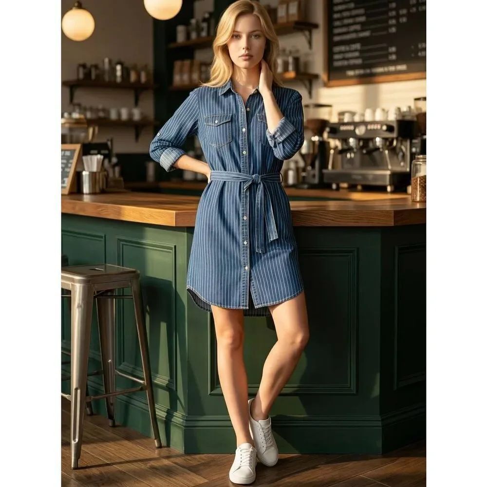🍑Cato Blue Striped Adjustable Long Sleeve Shirt Dress Size 14-16W